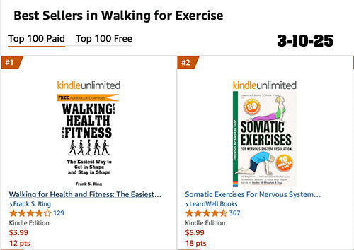 Best sellers in walking for exercise on Kindle, showing 'Walking for Health and Fitness'.